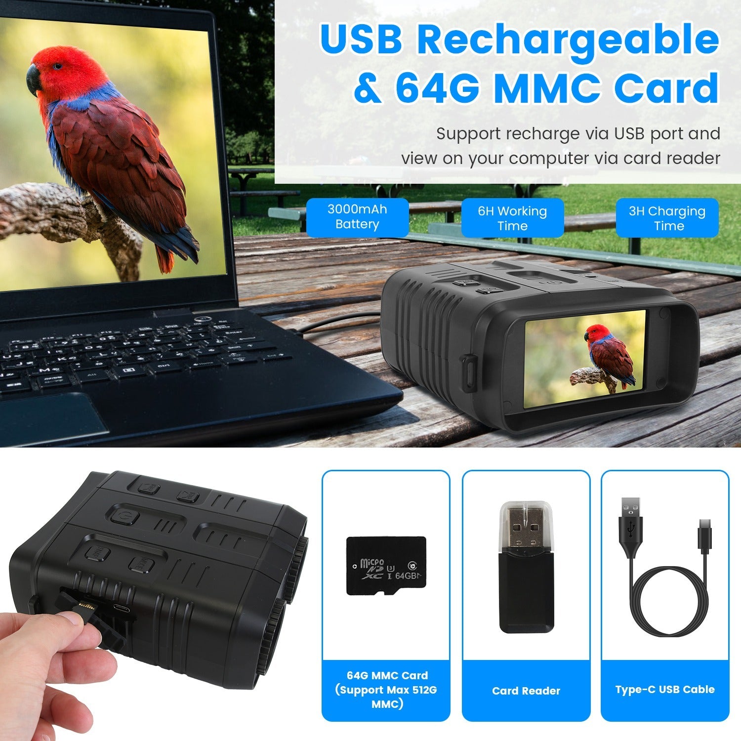 1Pc Night Vision Goggles 4K Full-Color Binoculars 10X Zoom With 2624ft Viewing Range 3in Screen 64G MMC Card WIFI APP Control Save Photo And Video For Camping Hunting & Security